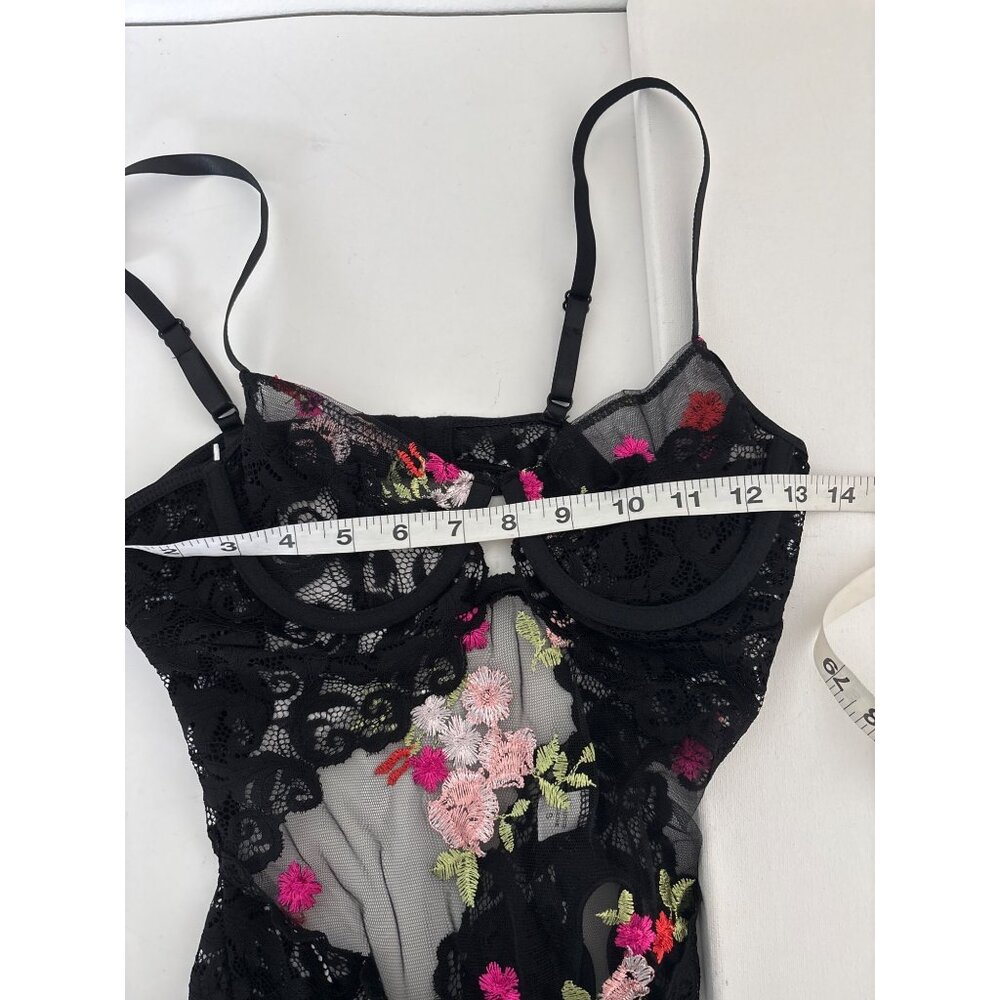 Y2K Bodysuit Small Sheer Lace Floral Embroidered Black Mesh Open Back Lingerie - Picture 6 of 16